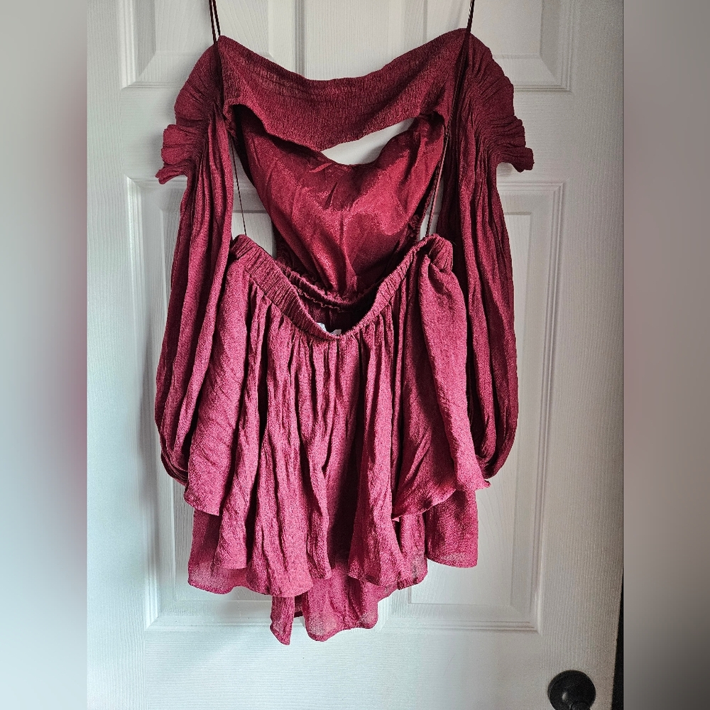 Maroon Off the Shoulder Ruffle Romper - Picture 2 of 4